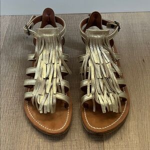 K. Jacques Fregate Fringe Sandal in Metallic Gold. Size 6